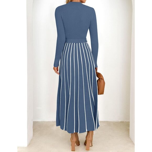 Women's Dusty Blue Tie Waist Casual Ribbed Knit Long Sleeve Sweater Midi Dress - Picture 4 of 7